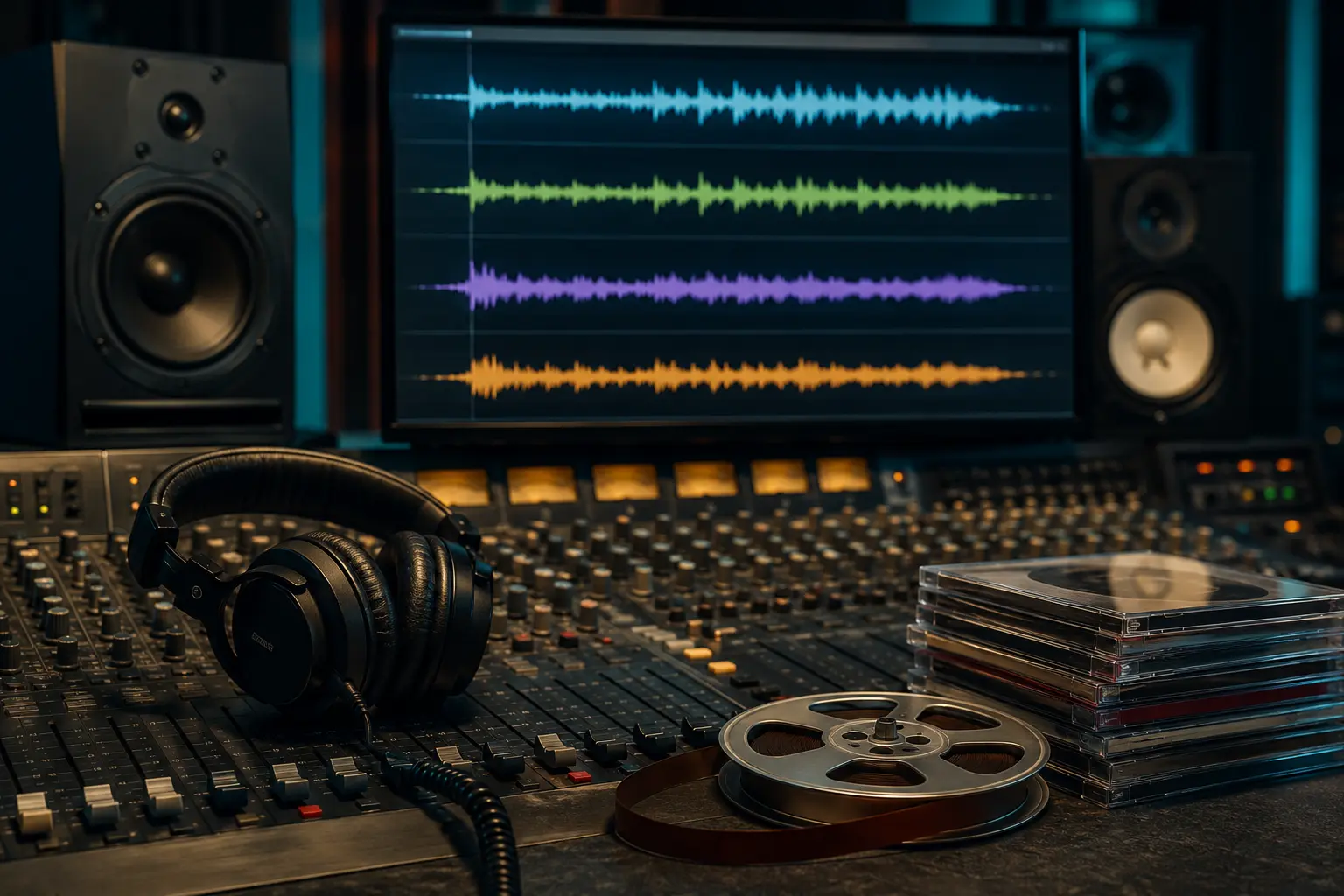 Music console and studio screen comparing several versions of the same recording