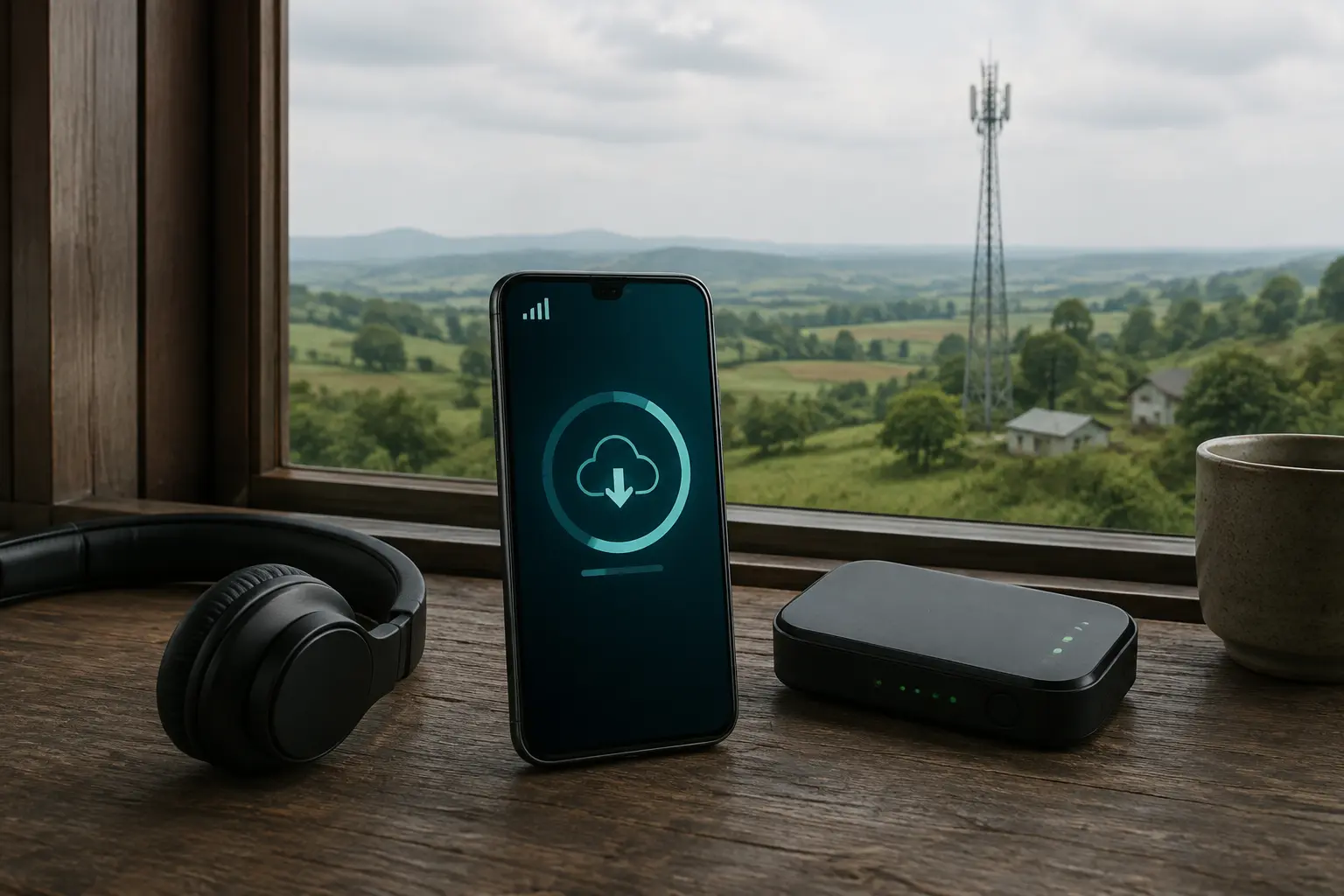 Phone showing a download progress icon beside a rural cell tower and mobile router