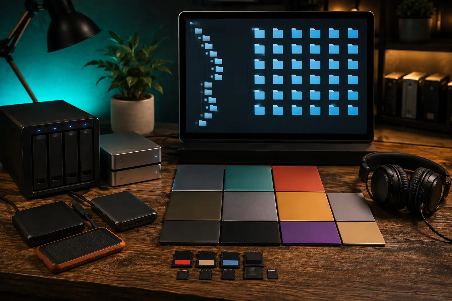 Neatly organized digital music folders displayed beside headphones and a portable drive