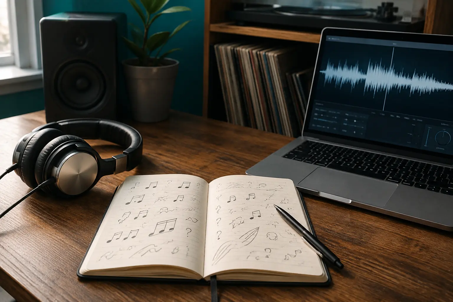 Headphones, an open notebook of song clues, and an audio waveform on a desk