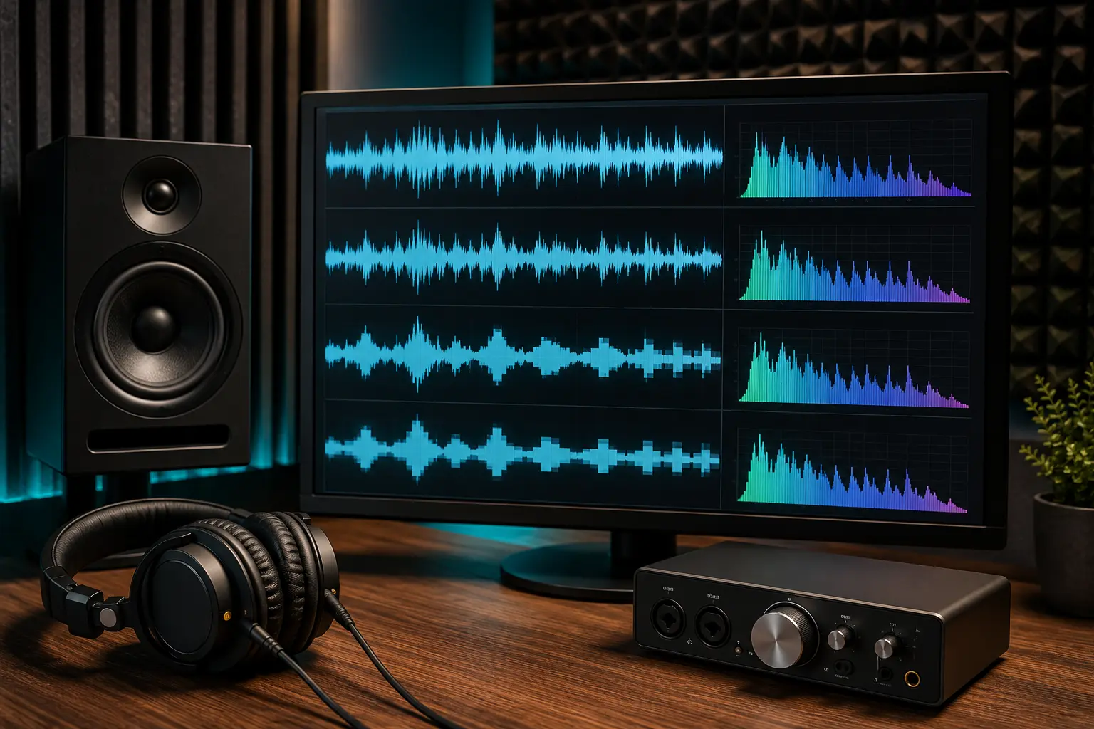 Audio desk showing MP3 waveforms, a spectrum display, headphones, and quality controls