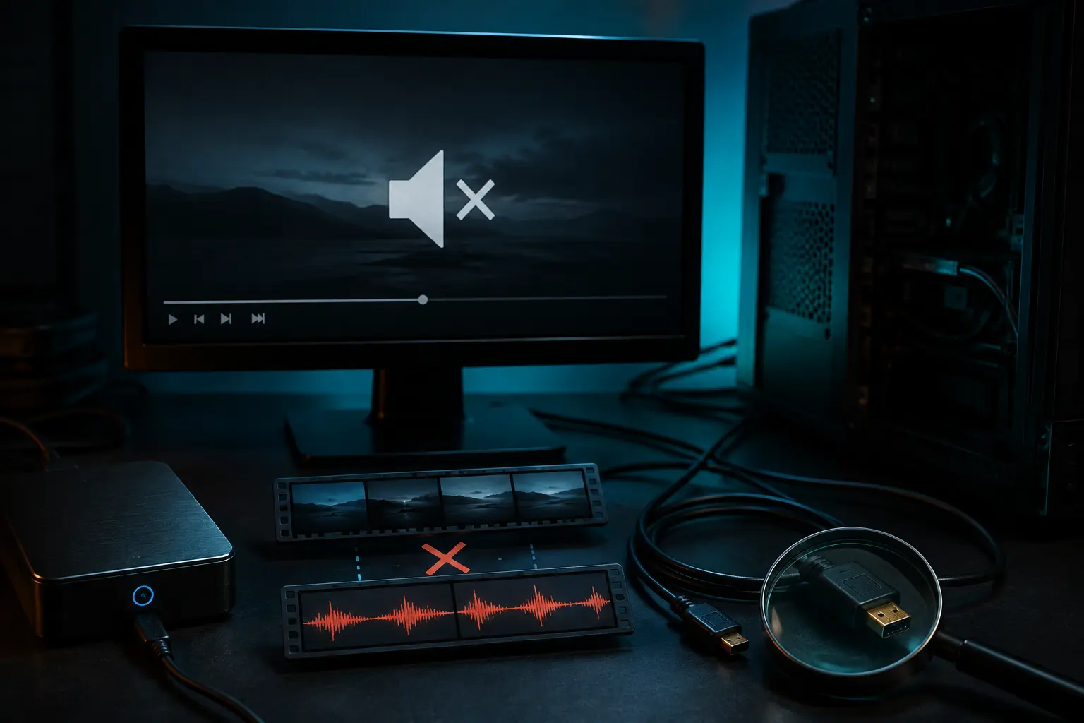 Desktop monitor with a muted video error beside waveform panels, cables, and storage devices